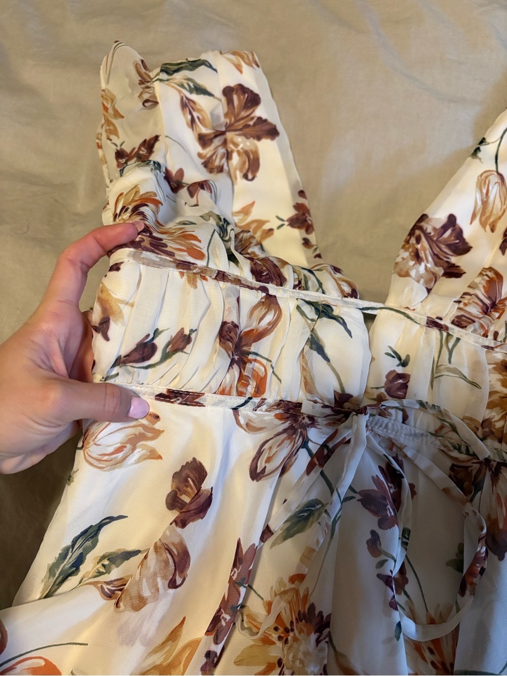 Lulu's Cream Floral Ruffle V-Neck Romper - Picture 7 of 16